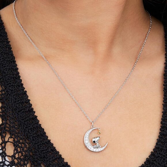 Women's Snoopy Necklace Brass 18-Inch Cubic Zirconia Moon Star Gift - Picture 3 of 6